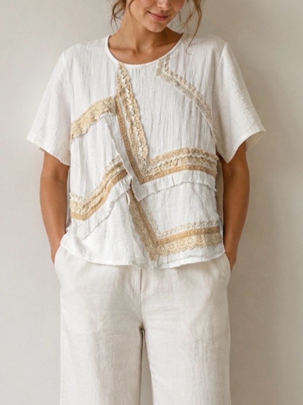 Paper Lace Lagenlook Boho Boxy Trim Detail Top M